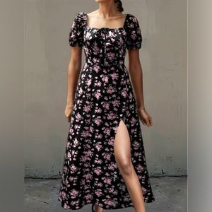 Floral Print Square Neck Dress, Casual Split Short Sleeve Dress For Spring &